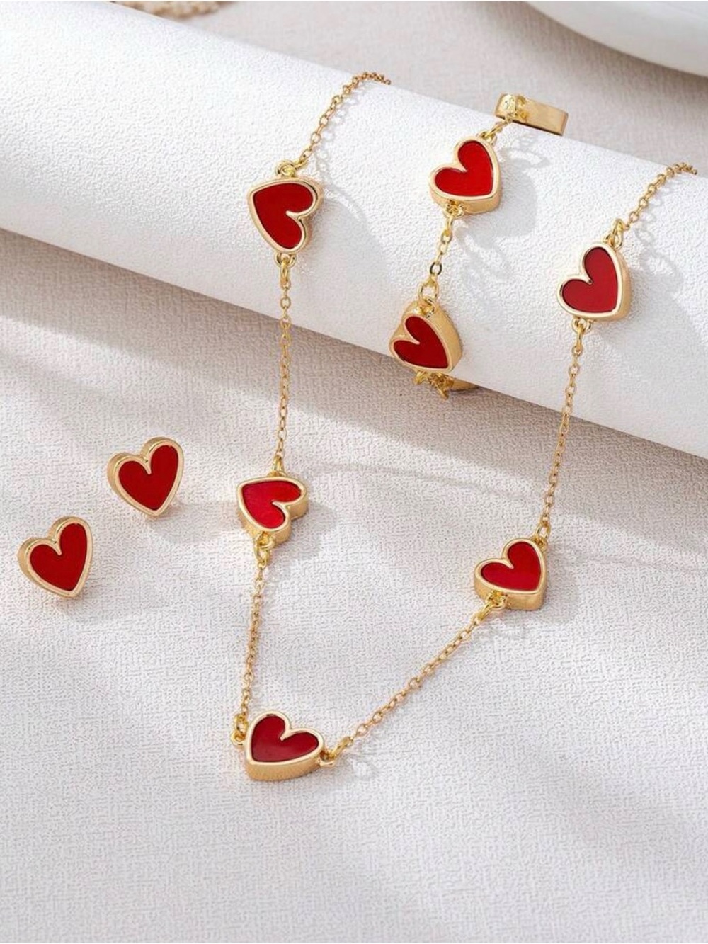 Gold-Tone Red Heart Necklace and Stud Earring Set